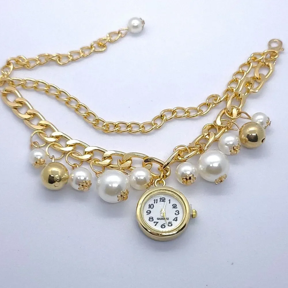 Gold Charm Bracelet Watch Faux Pearl Layered Chain Vintage Inspired Old Money
